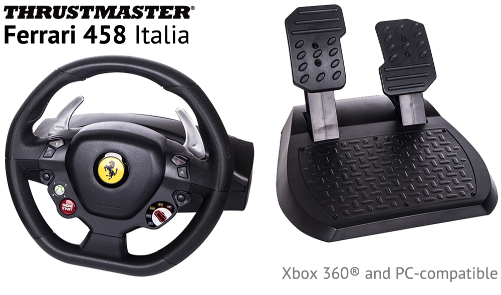 The Thrustmaster Ferrari 458 Italia wheel is Xbox/Xbox 360® and PC-compatible